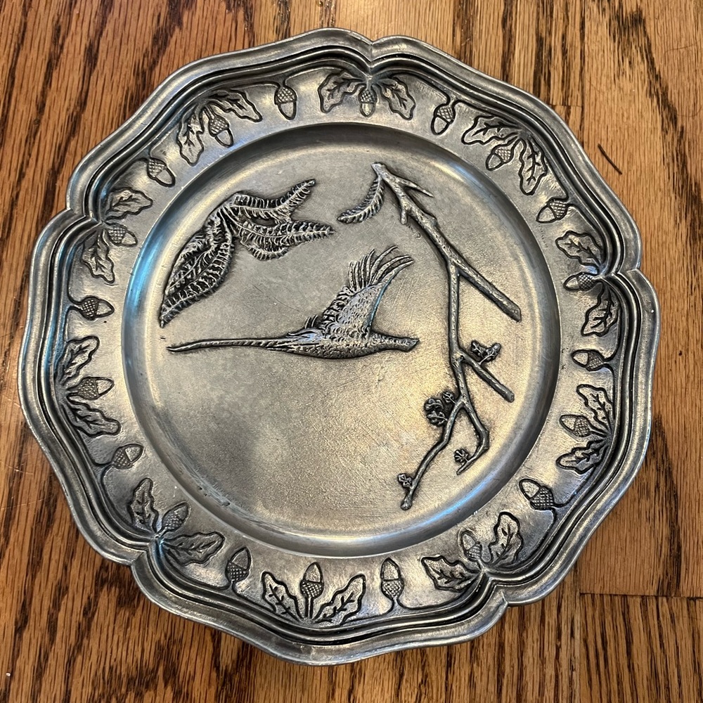 Etains du Manoir Metal Wall Plate/Bird Hanging. French Pewter Trinket Dish.